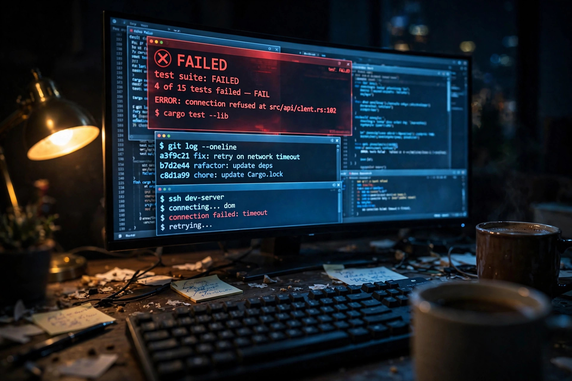 A dim developer workstation at night, terminal windows stacked on a monitor, one window glowing red with a failed check mark, cables and coffee cup at the desk