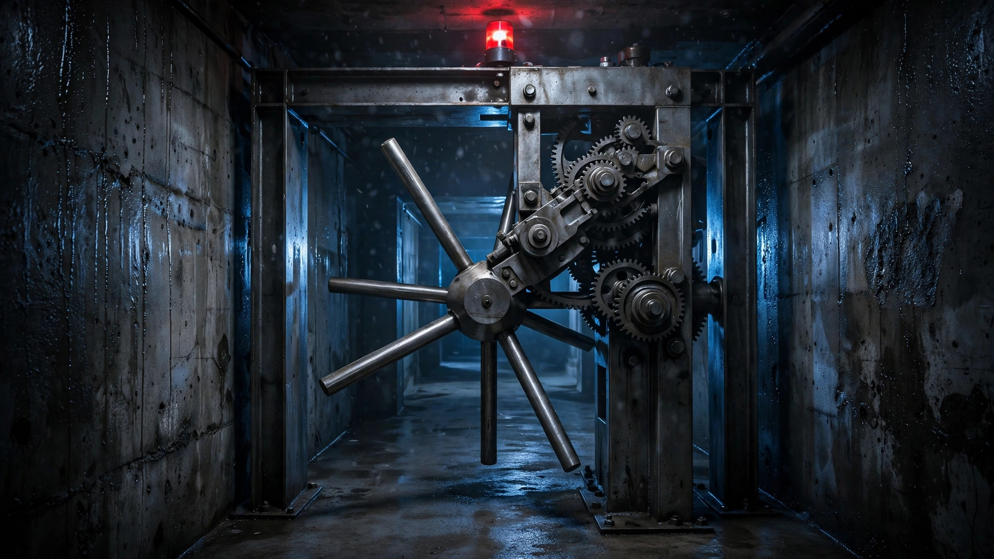 A massive steel one-way turnstile gate locked in a dark industrial corridor with a red warning beacon glowing above