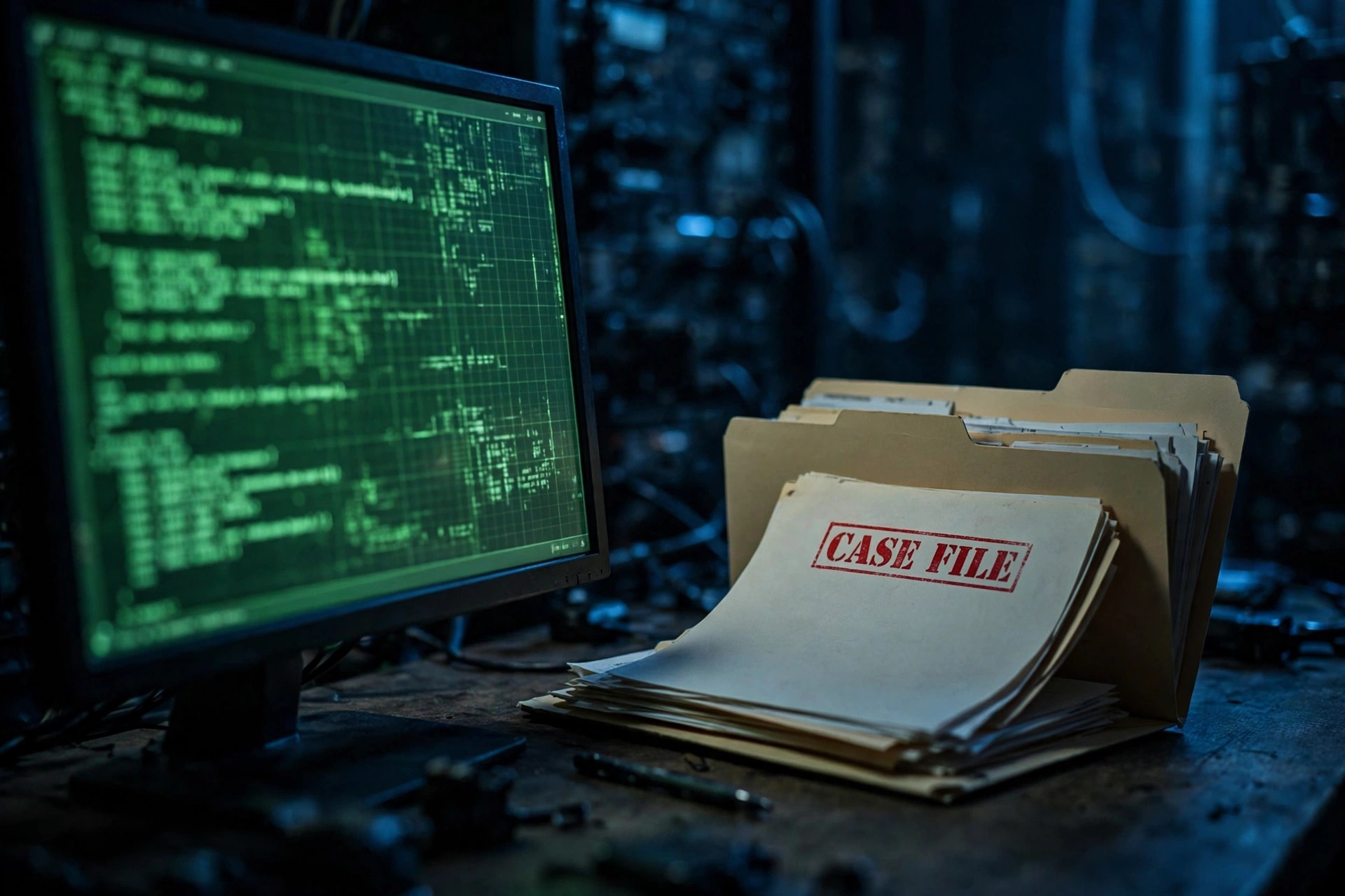 A dark operations room with a glowing terminal executing commands on a remote server, a case-file folder stamped open beside it