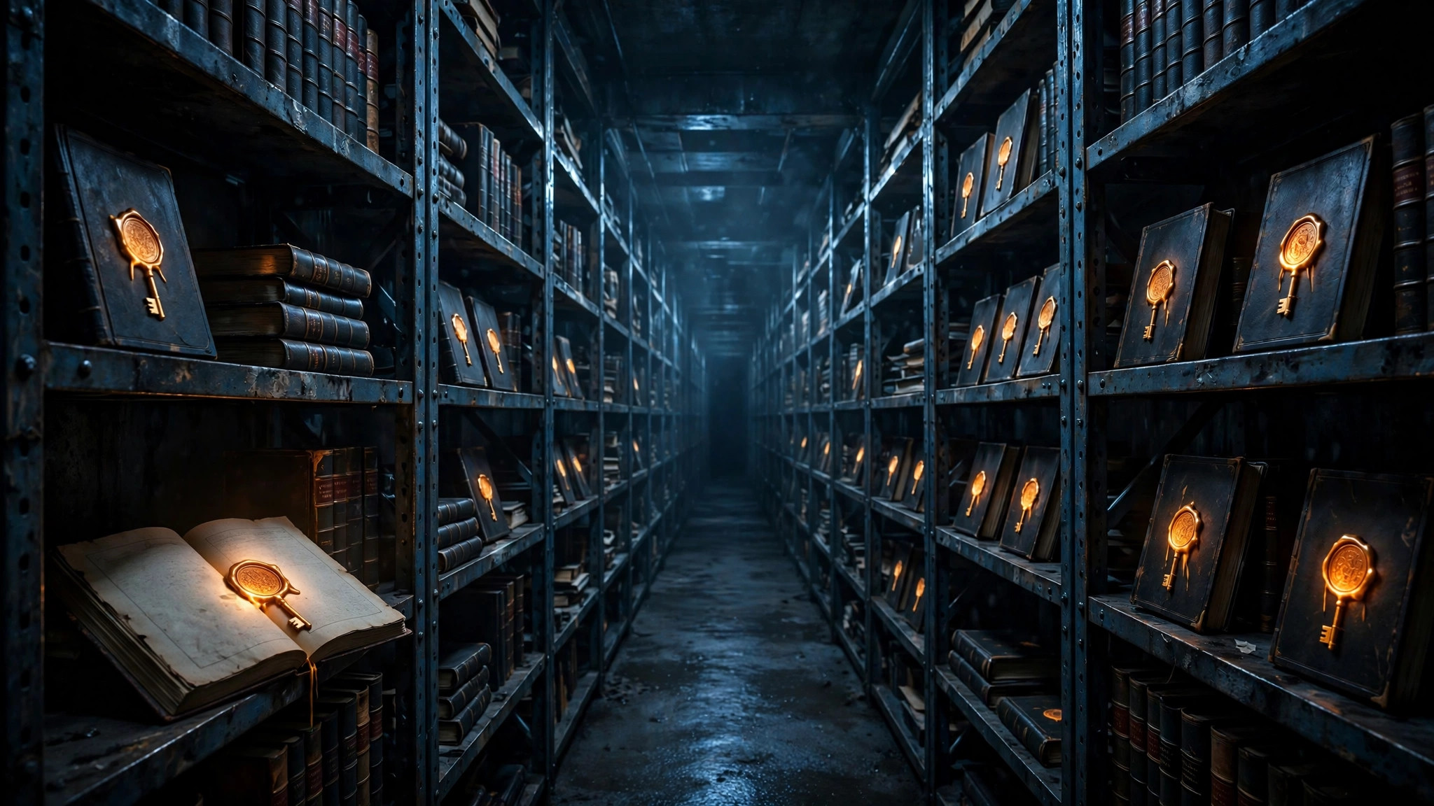 A dark vault corridor with glowing ledger books on steel shelves, one open page showing a hash key stamped in amber light