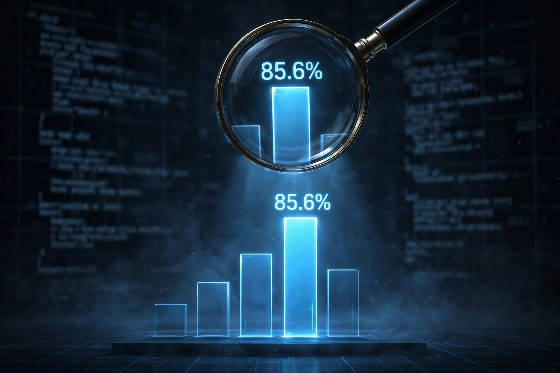 A magnifying glass over a glowing blue benchmark bar chart on a dark background, one bar highlighted at 85.6 percent