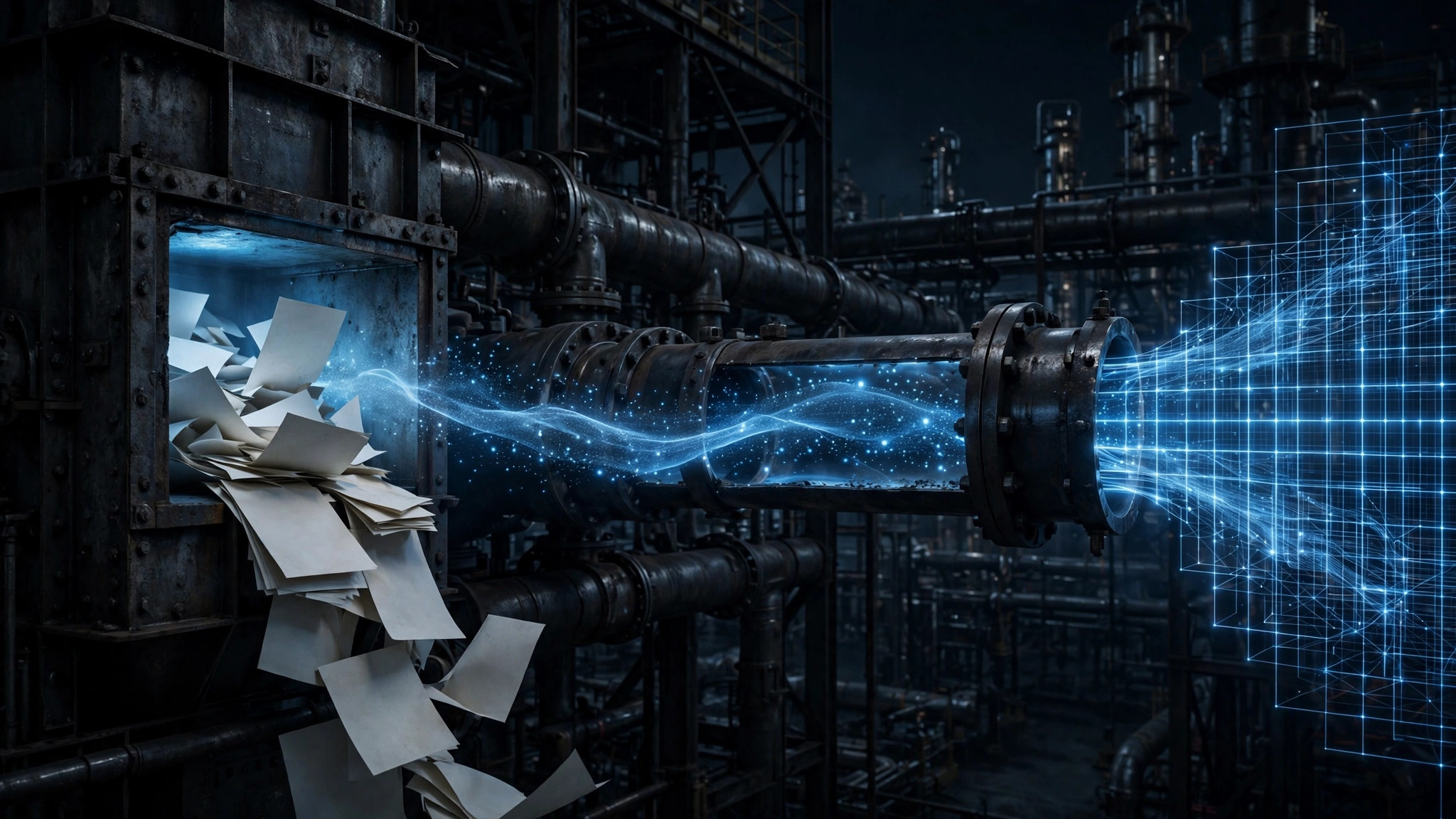 Industrial refinery pipeline at night feeding paper documents in and emitting glowing vector streams