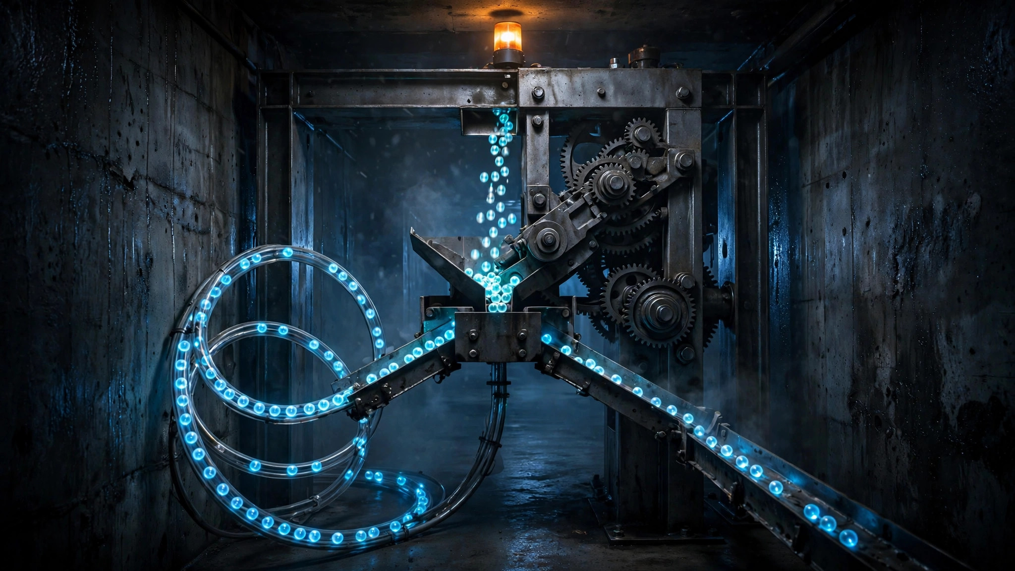 A dark industrial sorting machine splitting glowing token streams into two lanes, one lane feeding a loop that grows longer each cycle